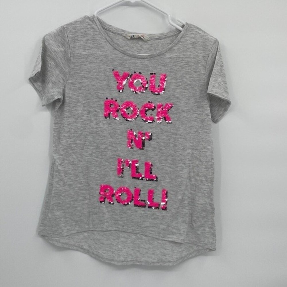 H&M Gray Short Sleeve Shirt Sequins You Rock N’ I’ll Roll Pink Graphic 12-14y